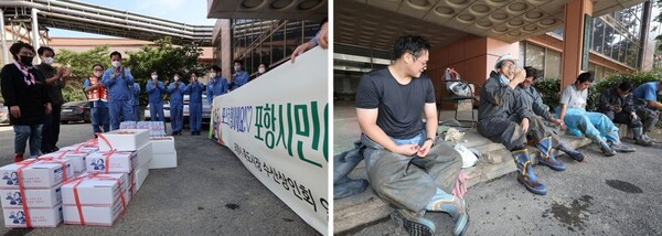 포항 죽도시장 상인들이 자매 부서인 품질기술부에 응원의 간식을 전달했다. (사진=포스코 제공)